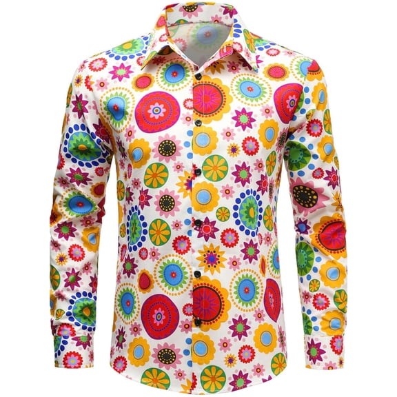 CONZONE Mens 70S Disco Buttons Down Shirts Long Sleeve Hippie Shirts for Men Trendy Floral Graphic Lapel Soft Lightweight Tops