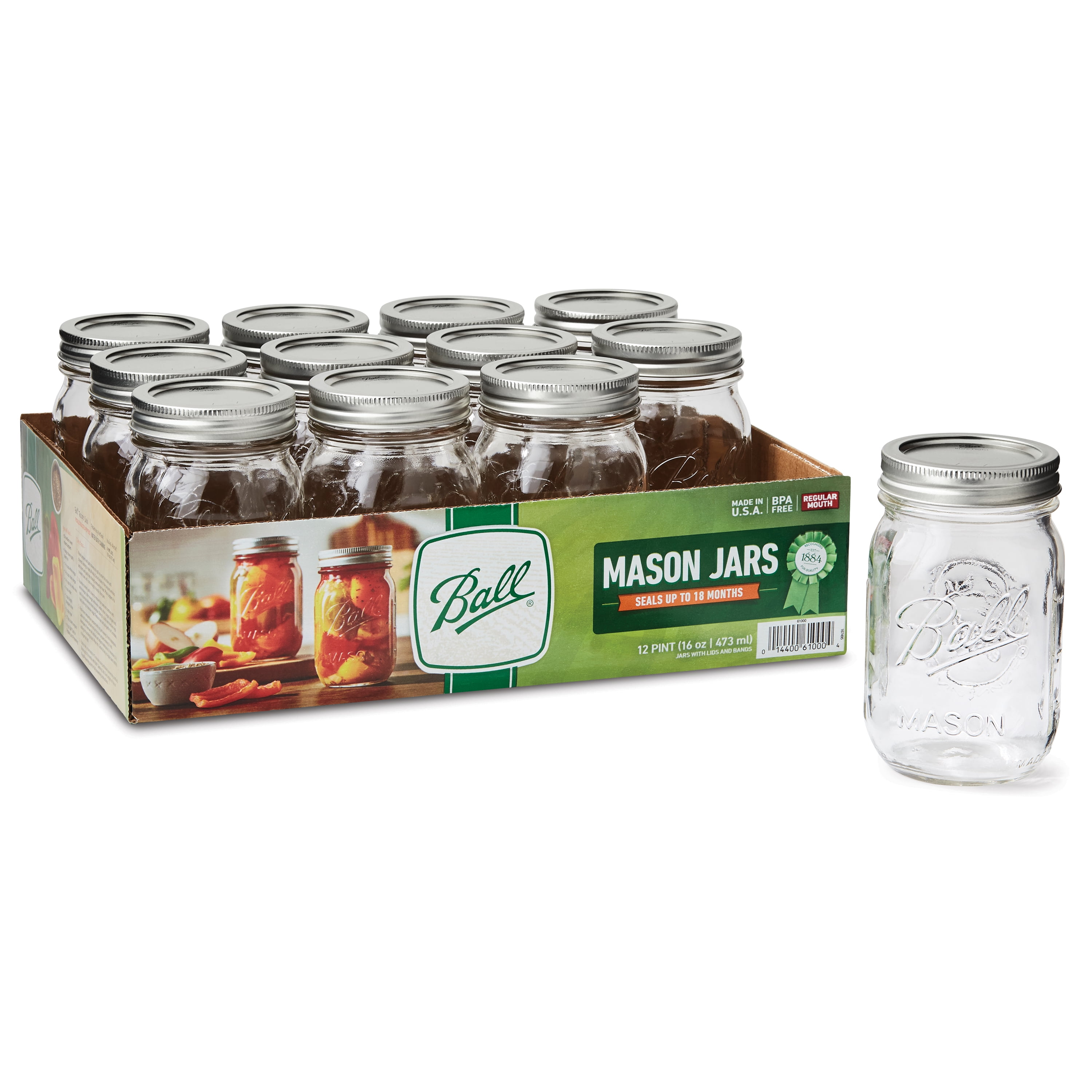 Ball Regular Mouth 16oz Pint Mason Jars with Lids & Bands, 12 Count