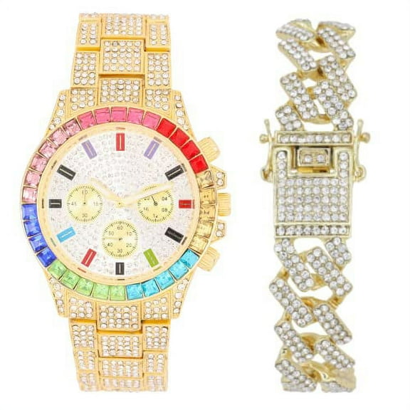 Charles Raymond Iced Out Mens Color on Blast Watch Single or Combo Sets with Blinged Out Bracelets Set. Iced Out Colourful Rainbow Flame Collection (ST10401-ZZ GLD)