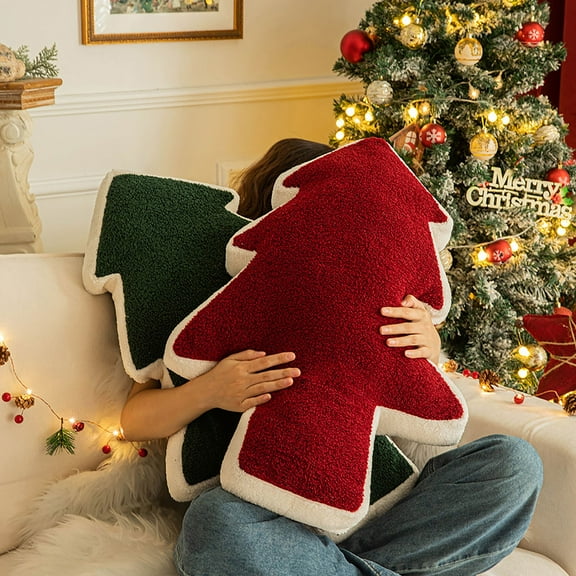 Christmas Tree Throw 2 Pillows Green Red Christmas Tree Shape Decorative Pillow Seating Cushion Cute Stuffed Pillow for Sofa Couch Chair Party Festive Home Decorations