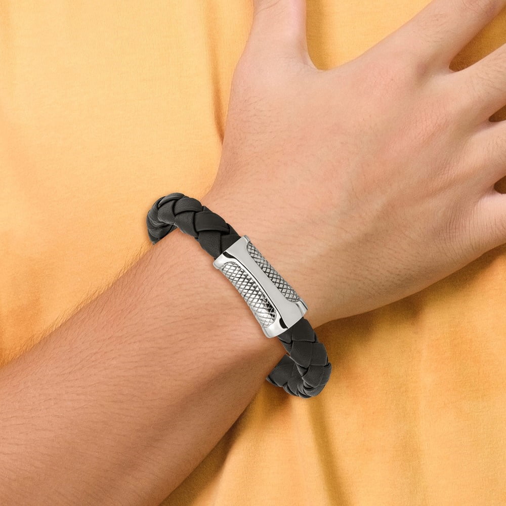 Diamond2Deal Stainless Steel Polished and Textured Black Braided Leather Bracelet for Men 8.5"