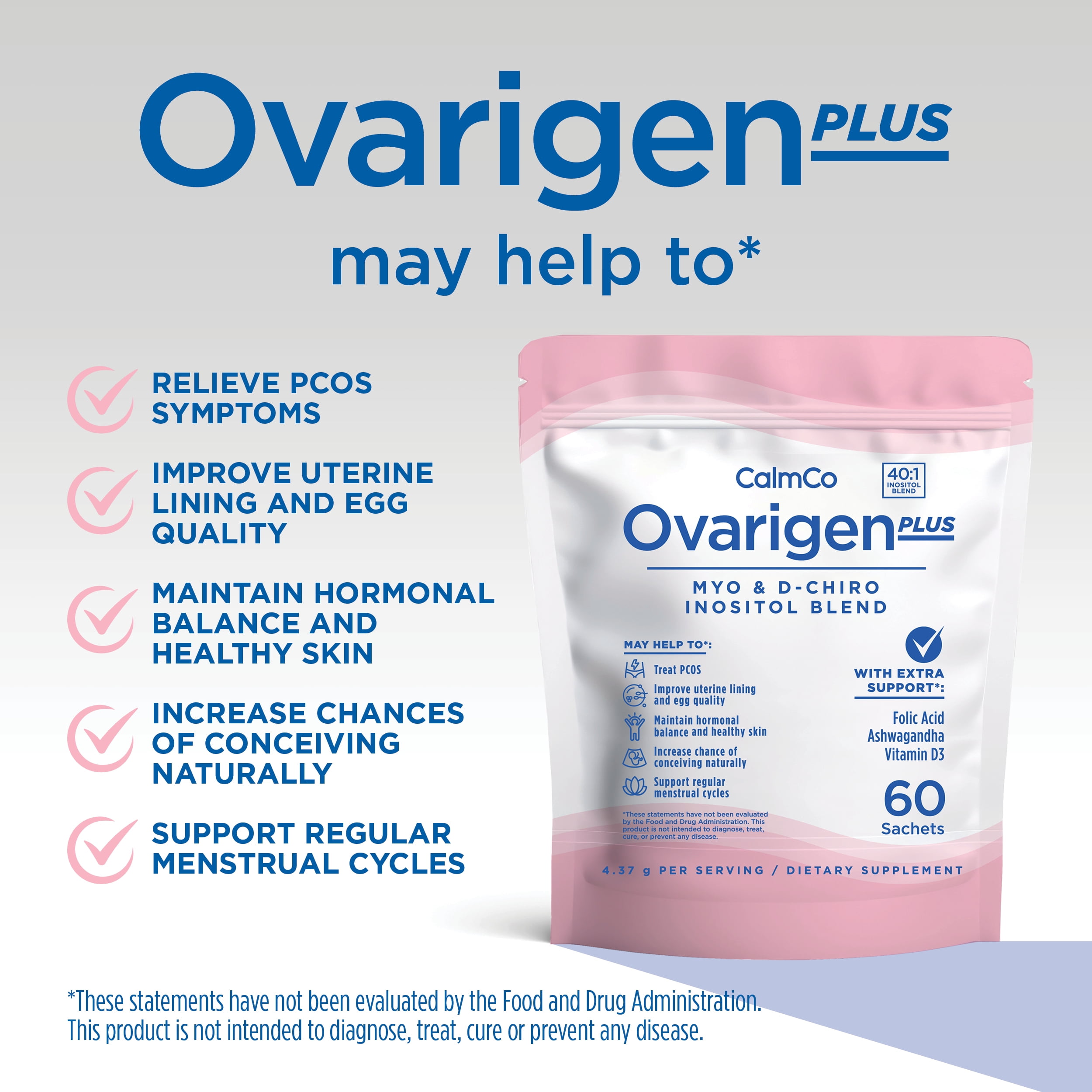 Ovarigen Plus, Myo & D-Chiro Inositol Blend Sachets, 40:1 Ratio with Folic Acid, Ashwagandha & Vitamin D3, May Help Manage PCOS Symptoms*, Support Hormone Balance, Only 1 Sachet Daily, 60 Day Supply