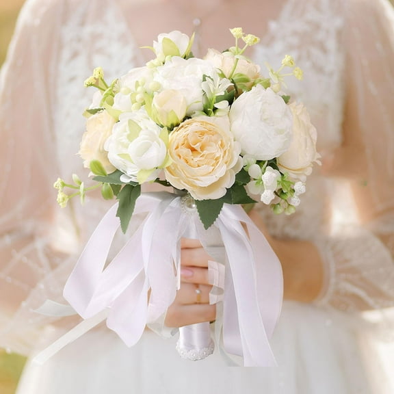 balikha Silk Roses Bridesmaid Wedding Bouquet Ribbon Tassel Lifelike Decorative Romantic for Wedding Ceremony Photo Props Height 25cm Champagne