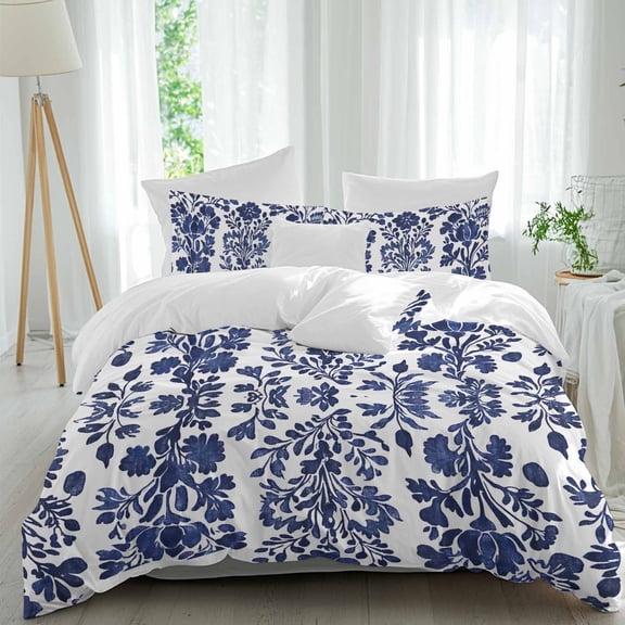 3 Piece Blue Spring Floral Duvet Cover Set Twin Size, Microfiber Comforter/Quilt Cover with Corner Ties and 2 Pillowcases, Summer Botanical Farmhouse All Season Soft Bedding with Zipper Closure
