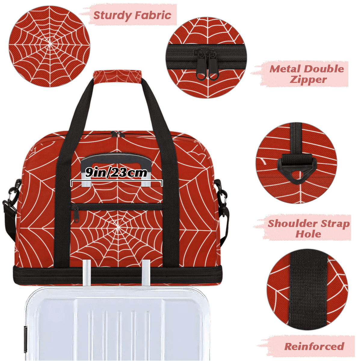 Herdesigns Spiders Web Travel Duffel Bag with Shoe Compartment Red Large Foldable Waterproof Weekend Overnight Bag for Beach Swim Pool Bags Sports Gym