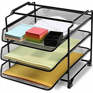 Desktop Organizer 6 Letter Tray Sorter Plus Riser Base, 2 Supply & 2 Storage Drawers - TierDrop Plus Stores All of Your Documents & Supplies in Clear