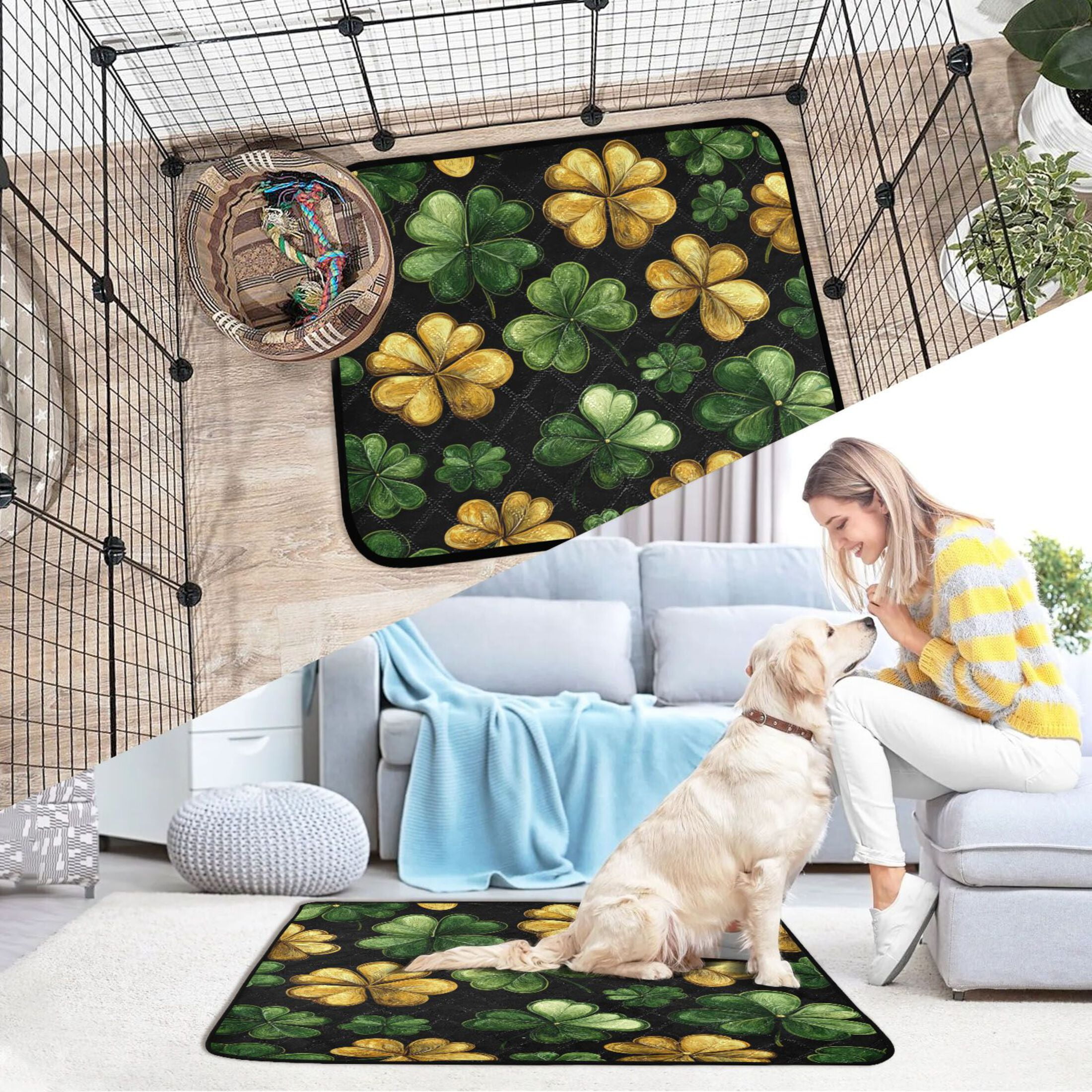 Qxltty Stpatricks Day Four Leaves Clover Cat litter Pads Pet Set of 2 Diaper Mats Center Anti-leakage Layer Absorbent Soft and Comfortable