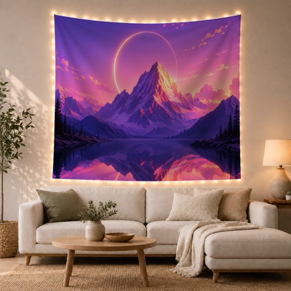 Mountain Lake Twilight with Sharp Towering Peak Upper, Mystical Fantasy for Space Lovers, Galaxy Room Decor, Housewarming Gift, Tapestry Wall Hanging for Bedroom and Dorm