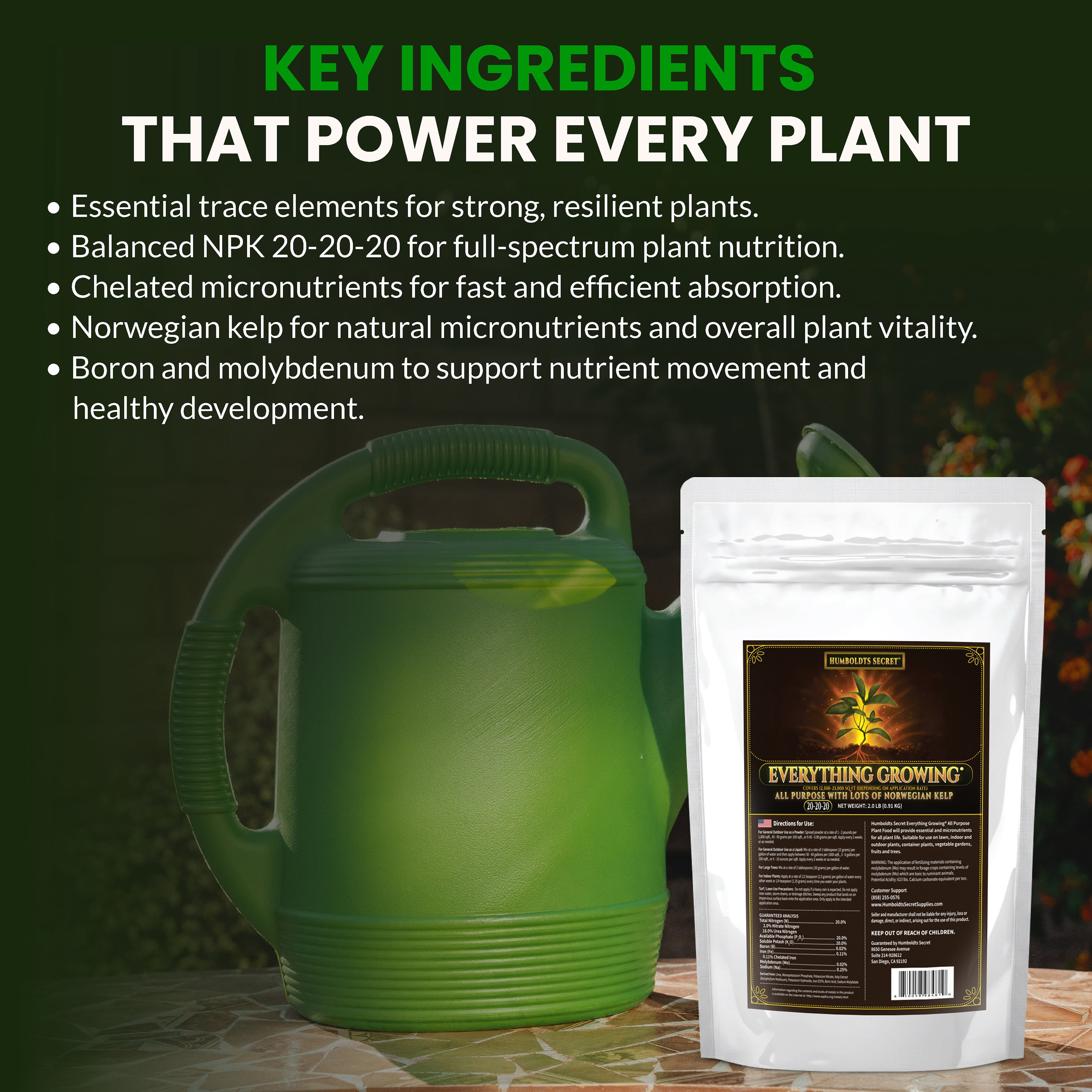 Humboldts Secret Everything Growing 20-20-20 Fertilizer - All Purpose Water Soluble Plant Food - Balanced NPK with Norwegian Kelp - For Lawns Gardens, Vegetables, Flowers & Indoor Plants - 2 lb