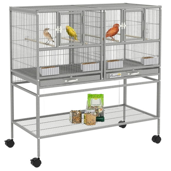 PawHut Divided Breeder Bird Cage with Rolling Stand Removable Tray Grey 40"H