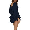 thumbnail image 4 of Springcmy Womens Lantern Ruffle Romper Off Shoulder Puff Long Sleeve Flowy Lyaner Romper Dress Smocked Short Jumpsuit Playsuits Navy Blue M, 4 of 7