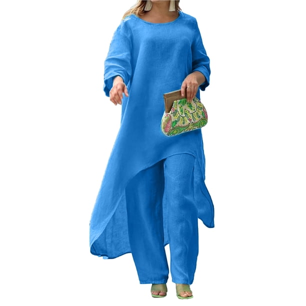 Top De Manga Larga + Pantalones Camisas de mujer + Pantalones de pierna ancha Casual Algodón Lino Dama Chándal 2 piezas Traje de ropa Ygjytge Azul M para Mujer