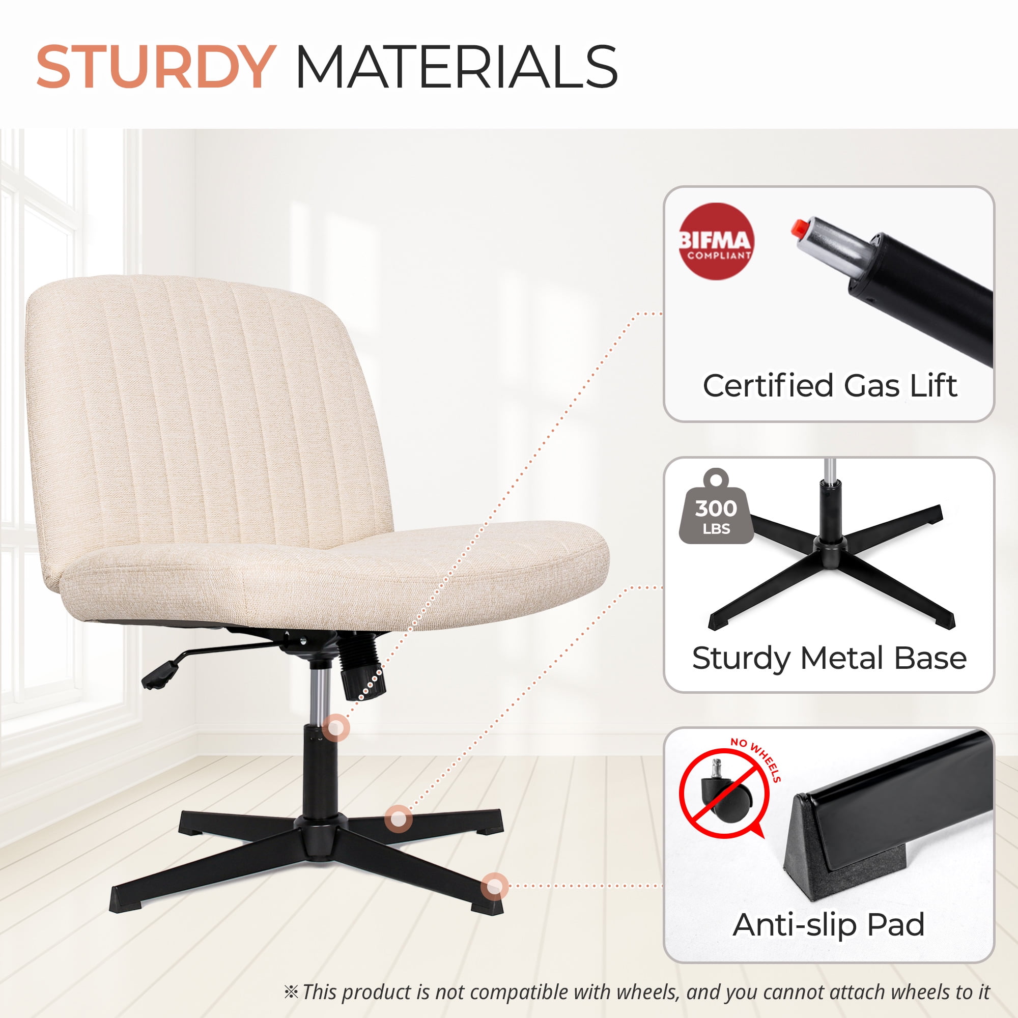 Orange Factory Criss Cross Chair No Wheel Wide Cross Legged Office Desk Vanity Chair Comfy Fabric Armless Adjustable Swivel for Home Computer Task (Beige No Wheel, Classic Fabric)