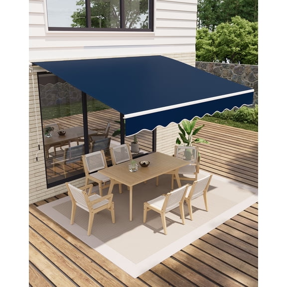 Retractable Awning, Waterproof Patio Awning, Sun Shade Awning with Manual Crank Handle, Aluminum Frame, 280 g/㎡ Polyester Fabric, for Deck, Porch, Balcony (Blue, 13'x10')