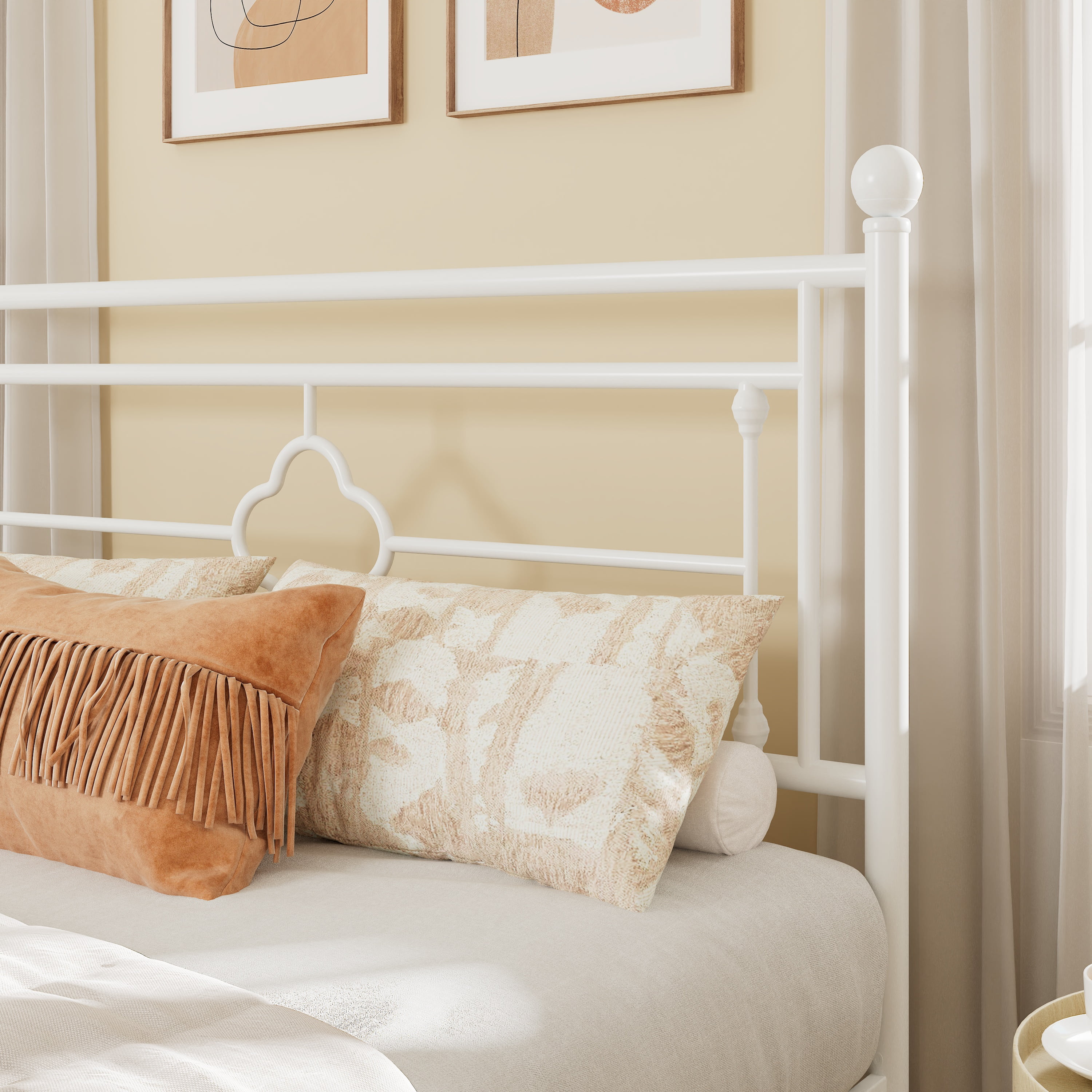 Allewie Queen Size Metal Platform Bed Frame with Victorian Vintage Headboard and Footboard, White