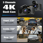 Dash Cam Front and Rear Inside, 4K Full HD Triple Dash Camera for Cars, Car Camera with 64GB Card,Built-in Loop Recording,G-Sensor,24H Parking Monitor,WDR,Accident Lock