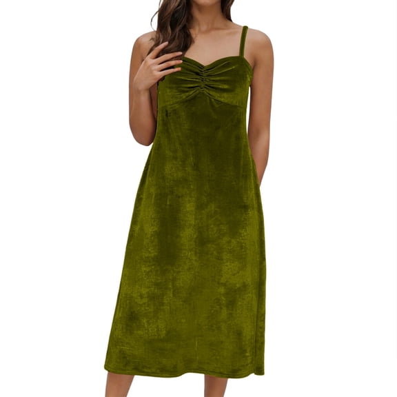 Efsteb Womens Tank Dress Resort Dress Loose Fit Spring Crew Neck Solid Color Sleeveless Casual Ruched Elegant Velvet Spaghetti Strap Dress ,Size:M