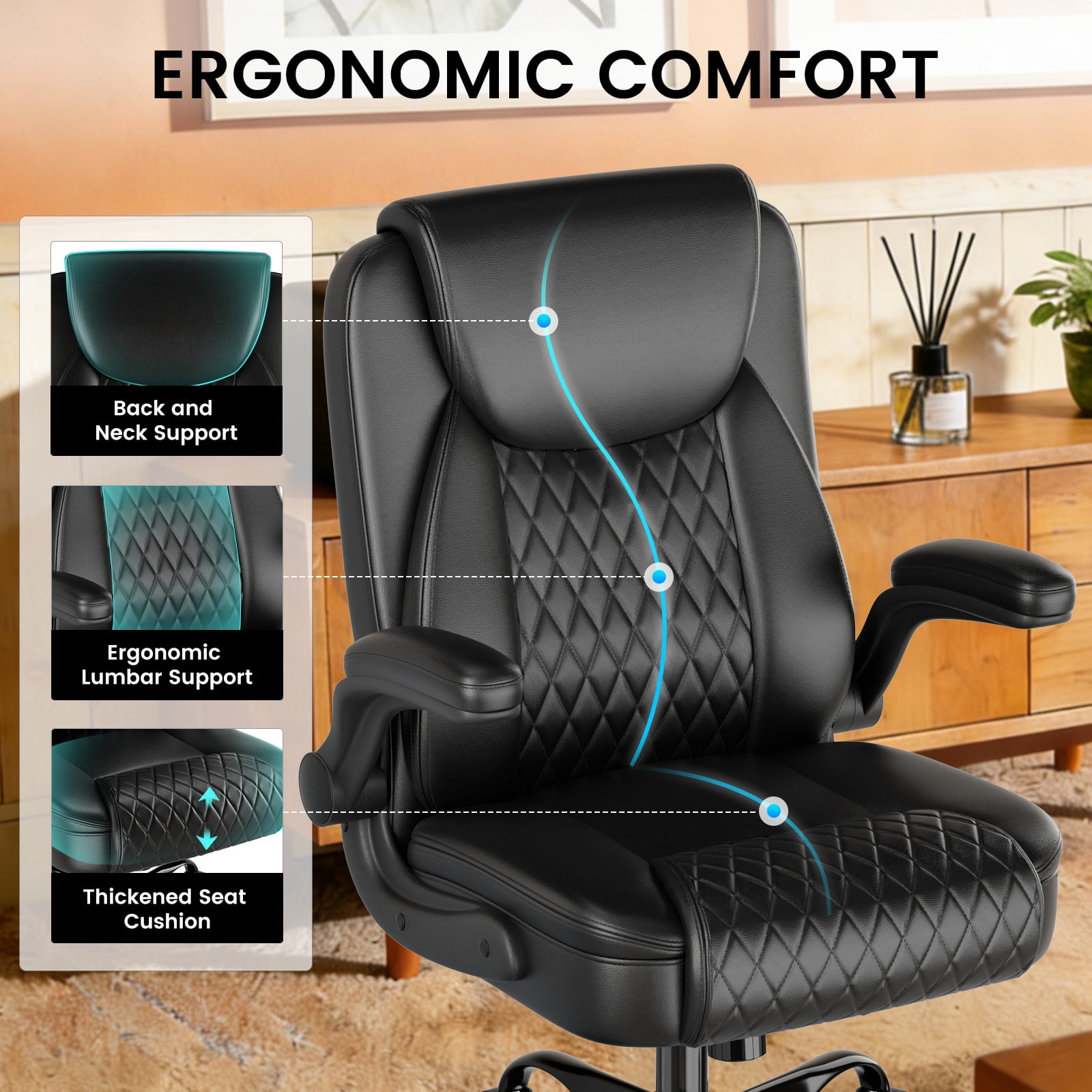 GTRACING Office Chair, 400LBS Big and Tall Home Office Chair Wide Seat Ergonomic Computer Desk Chair with Flip-up Arms, Black