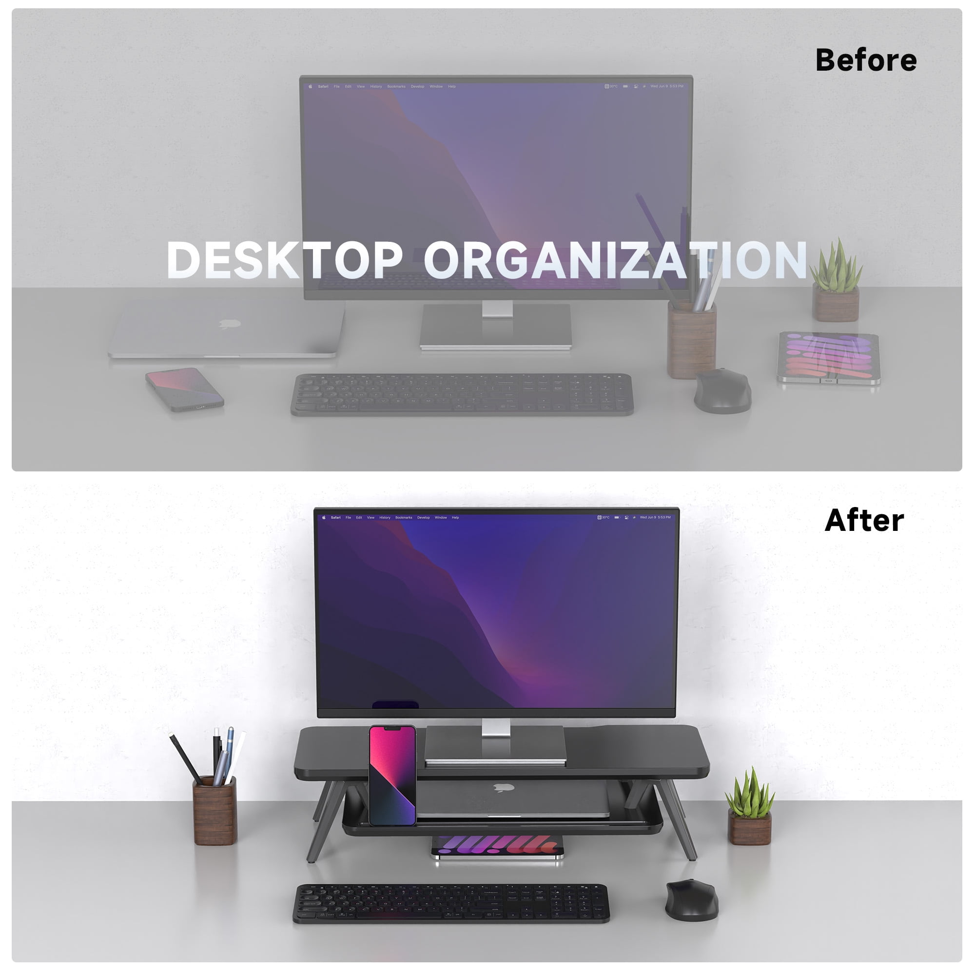 Fenge Monitor Stand, 2 Tiers Monitor Stands Riser, 23.6 Inch Computer Monitor Riser with Storage Organizer