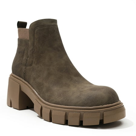 

YAZI Womens Lug Sole Platform Ankle Booties Chelsea Slip on Chunky Block Heel Leather Combat Boots