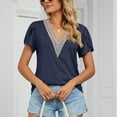 thumbnail image 6 of JWZUY Womens Crochet Lace V Neck Tops Solid Tunic Petal Sleeve Tees Shirts Blouse Short Sleeve Chiffon Elegant Tshirt Summer 2023 Navy M, 6 of 8