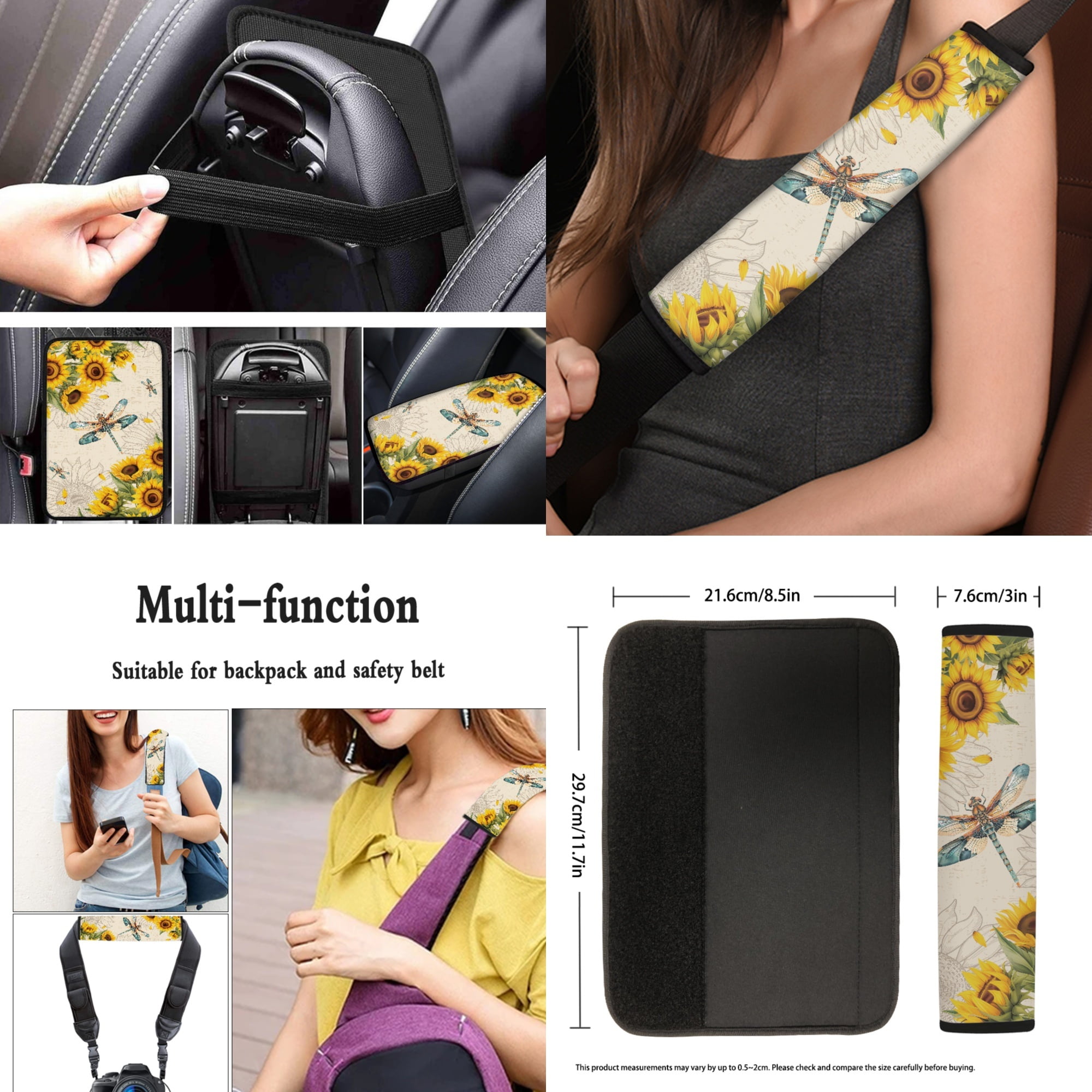 Jeiento Dragonfly Car Front Back Seat Covers Sunflower Steering Wheel Cover Armrest Cover Pad Seat Belt Pads Coasters Keychain Chapstick Holder Universal Fit, 13 PCS