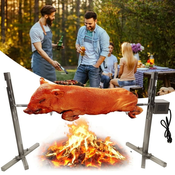 iMeshbean Large Stainless Steel BBQ Rotisserie Kit, 25W Height Adjustable Heavy Universal Complete Grill Rotisserie Spit Charcoal Rod Motor Kit Max 90LB Cooker Grill for Picnic Outdoor