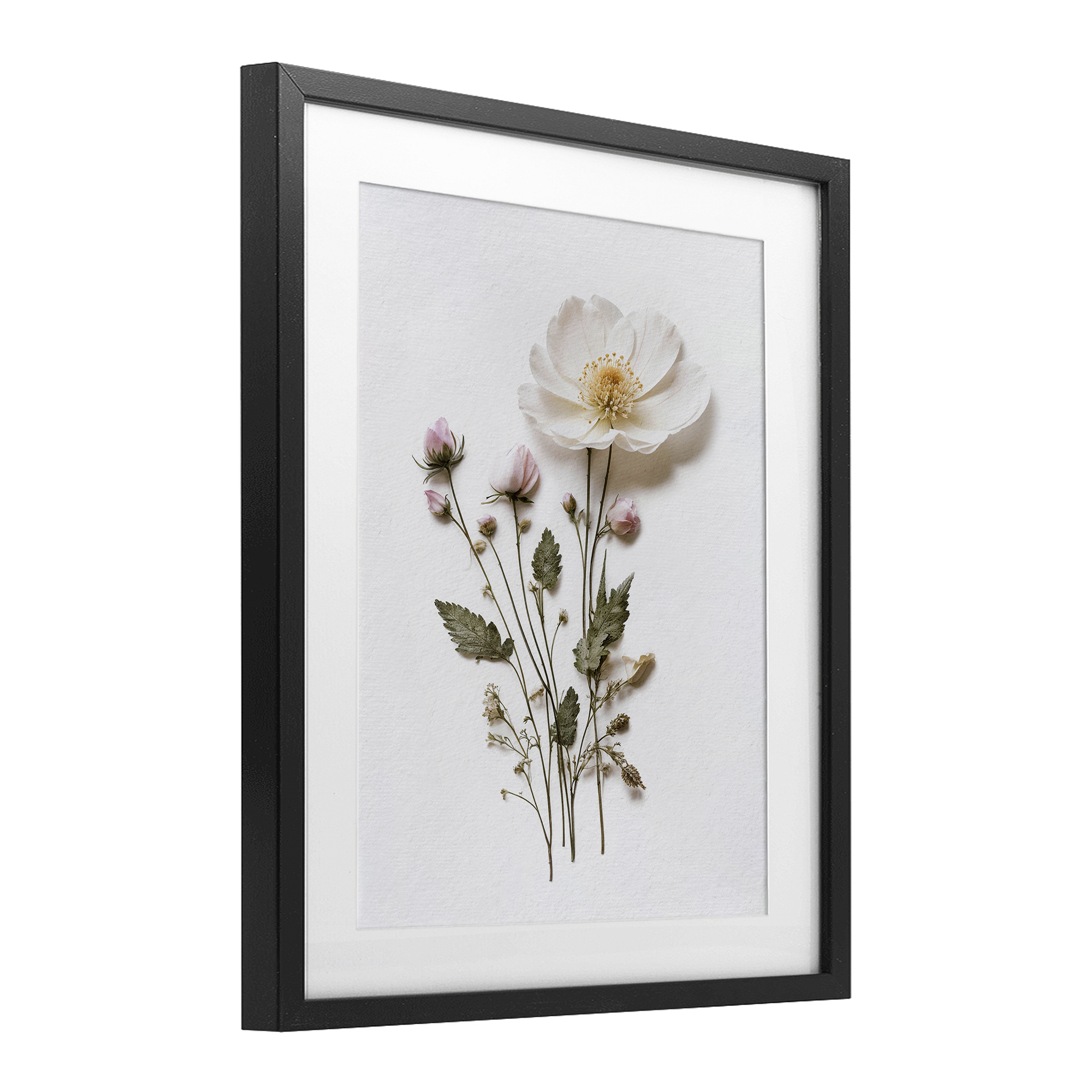 Simple Pressed Flowers Black Framed Print Under Glass, design by Lettered and Lined