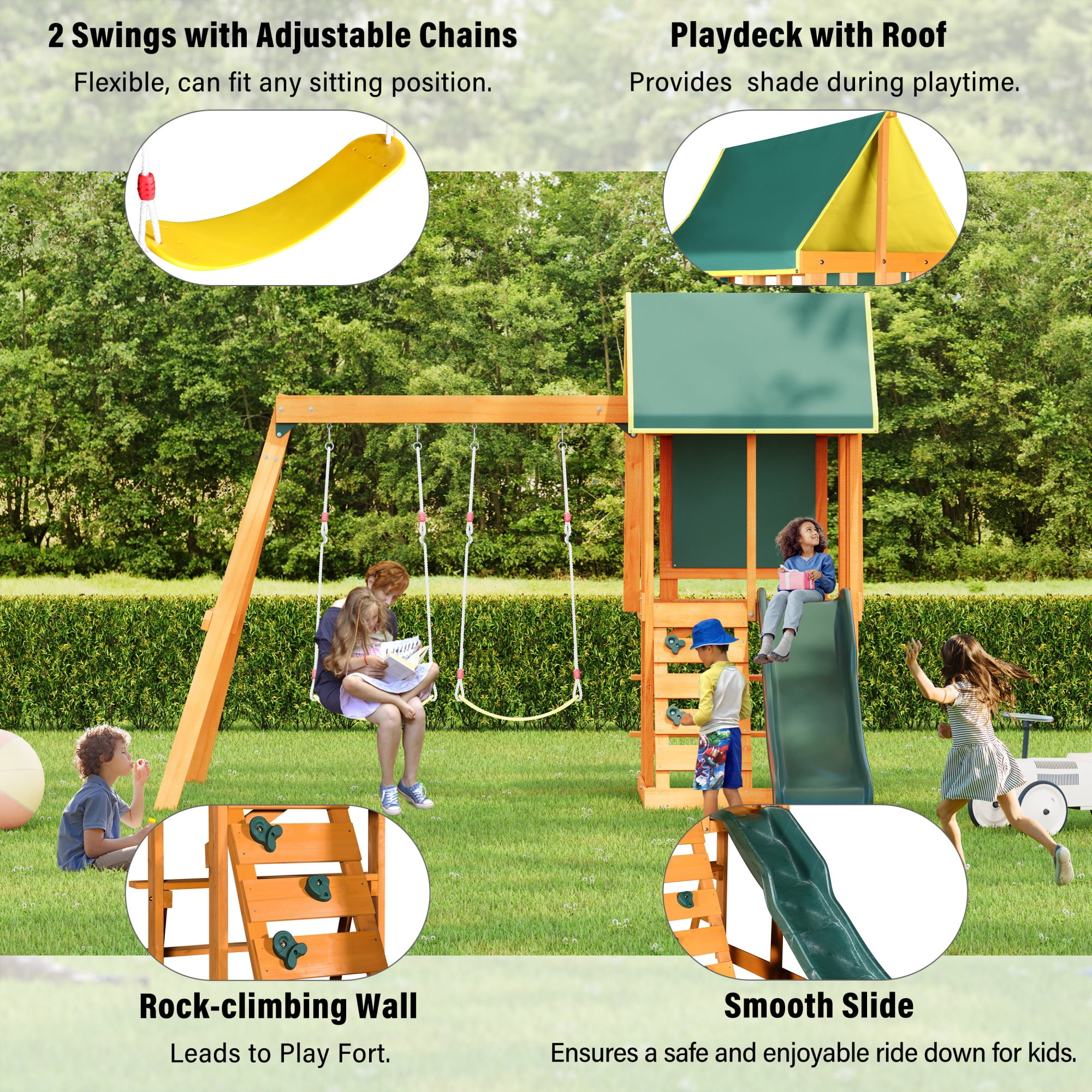 Wooden Outdoor Swing Set, SHINPT All-in-One Kids Outdoor Play Equipment for Kids Age 3-12 with Wave Slide, 2 Swings, Climbing Wall, Canopy Roof and Ladder, Kids Playground for Backyard, Garden, Park