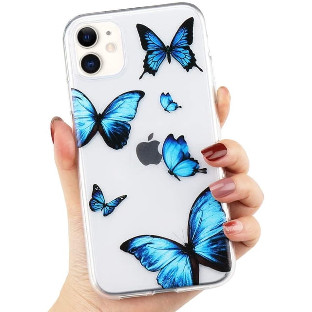 Girly Case for iPhone 11 Pro Max Case Cute Blue Butterfly Pattern Design Crystal Clear Girls Women Soft TPU Rubber Shockproof Anti-Scratch Protective Case Cover for iPhone 11 Pro Max