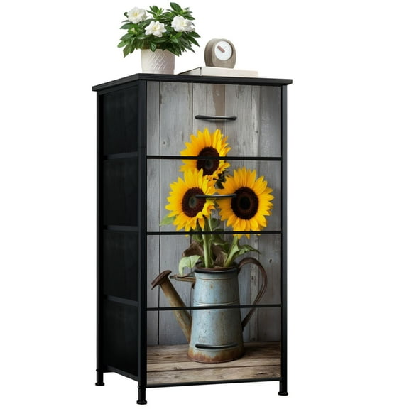 Dresser for Bedroom with 4 Storage Drawers Rustic Sunflower Flower Floral Pot Farmhouse Sunflowers Metal Dressers Chest of Drawers Steel Framed Fabric Closet Organizers for Entryway
