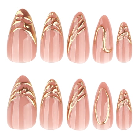 Nude Pink Gold Accent Patterns Press on Nails, Medium Pointed Almond Glossy Finish False Nails, 24 Count