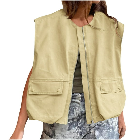 Hvyesh Women Casual Zip Up Vest Cargo Ruched Hem Lightweight Sleeveless Blazer Oversized Jackets Top with Pockets
