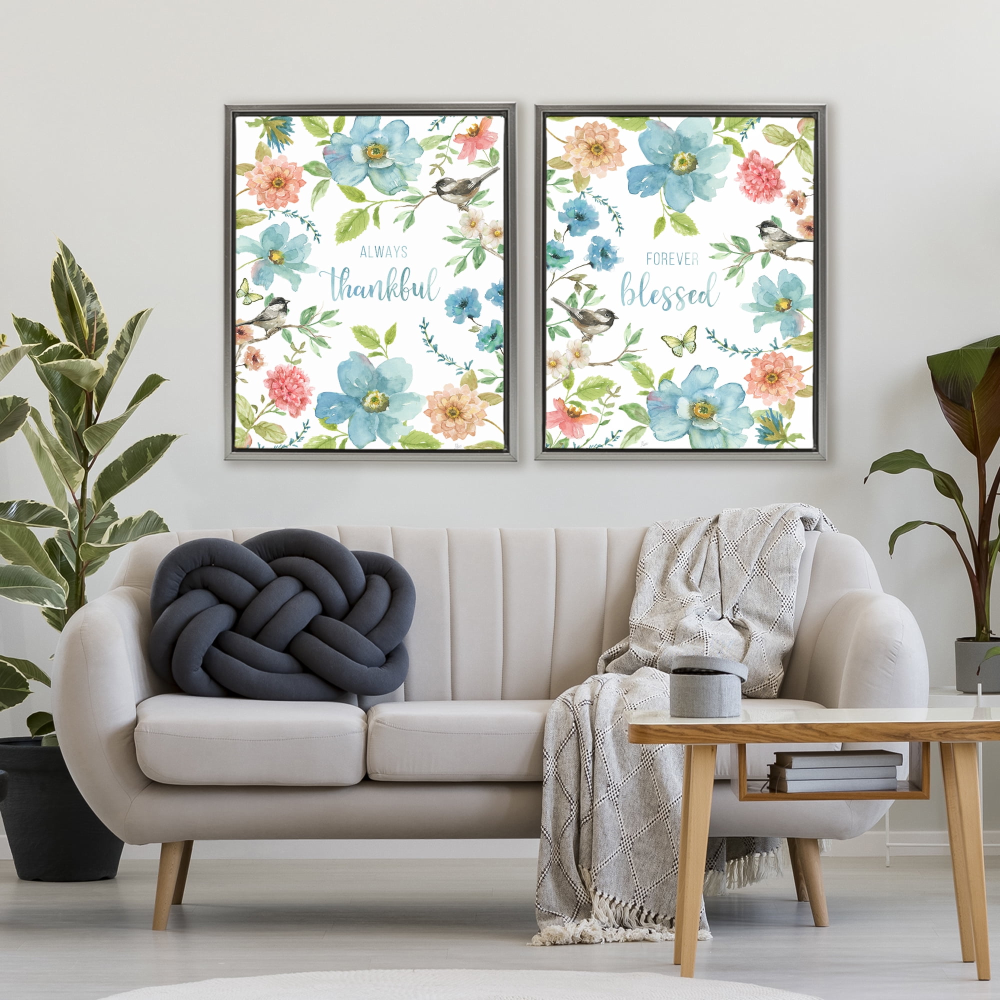 Stupell Industries Pink & Blue Gratitude Blooms 2 Piece Gray Framed Floater Canvas Set, design by Nan