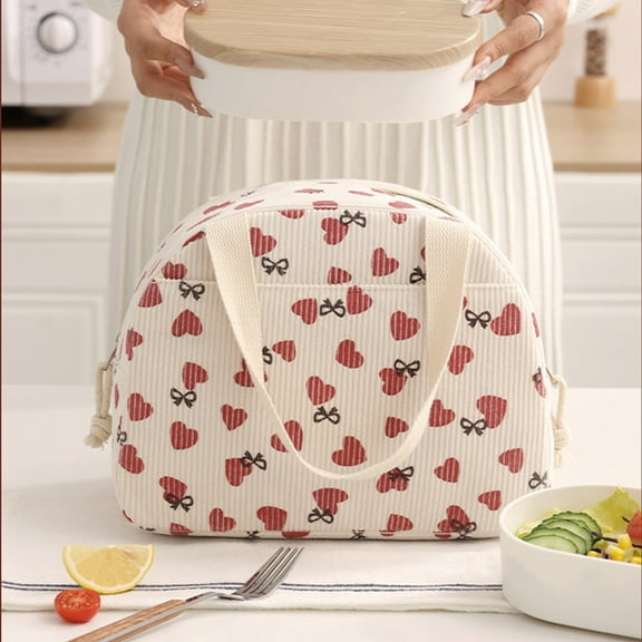 AuroraX Insulated Lunch Bag Tote 12 Cans Cute Portable Corduroy Lunch Box for Women Easy-To-Clean Aesthetic Bow Heart Floral Storage Bags for School Travel Work