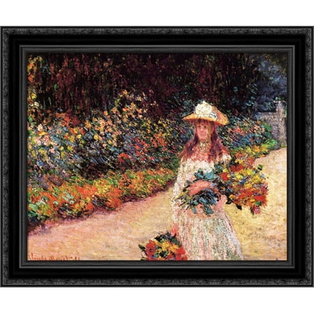 Young Girl in the Garden at Giverny 24x20 Black Ornate Wood Framed Canvas Art by Monet, Claude