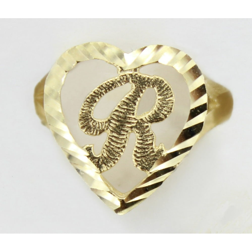 10K Solid Yellow Gold Round Heart Initial Leter Alphabet Ring AZ