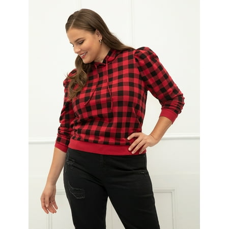 ELOQUII Elements Plus Size Puff Sleeve Hooded Plaid Sweatshirt