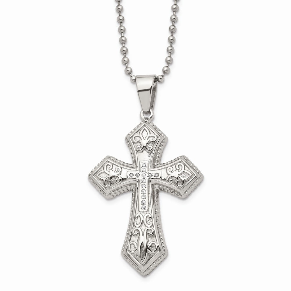 Stainless Steel Polished Round CZ Cubic Zirconia Cross Necklace Chain with Secure Lobster Lock Clasp Stainless Steel Polished Round CZ Cubic Zirconia Cross Necklace Chain with Secure Lobster Lock Clasp