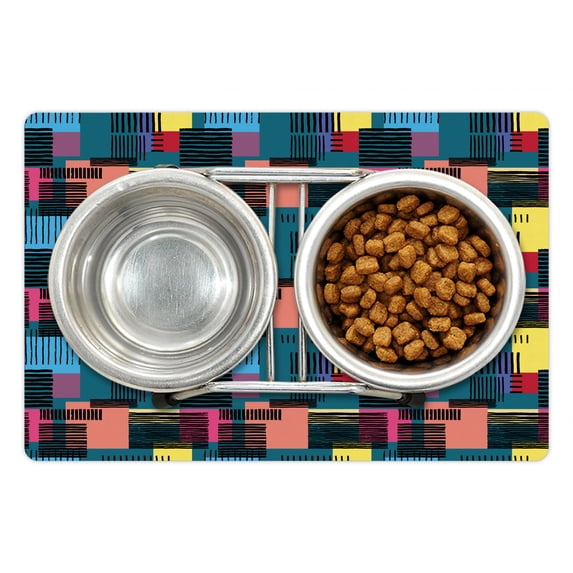 Retro Pet Mat for Food and Water, Hand Drawn Vintage Composition of Geometric Shapes Squares Rectangles and Stripes, Non-Slip Rubber Mat for Dogs and Cats, 18" X 12", by Ambesonne