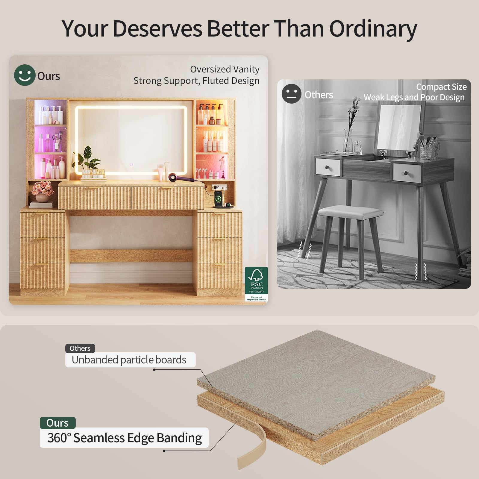 59.1" Fluted Makeup Vanity Desk with Large Mirror and Lights, 8 Drawer Vanity with Power Strip, Sound Sync LED Lights, Shelves, 2 Glass Cabinets，Modern Dressing Table for Bedroom, Oak
