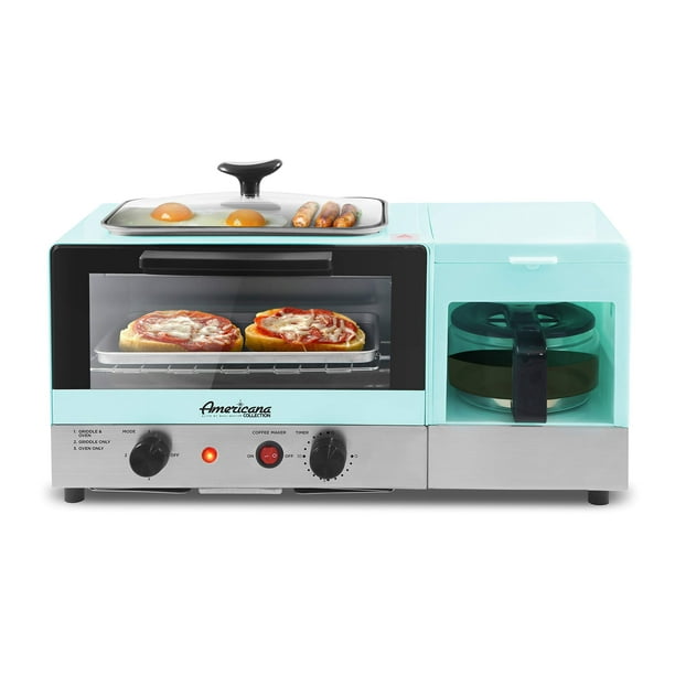 Elite Gourmet Americana 2 rebanadas, plancha de 9.5 pulgadas con tapa de vidrio, estación central de desayuno 3 en 1, cafetera de 4 tazas, horno tostador con temporizador de 15 minutos, modo selector