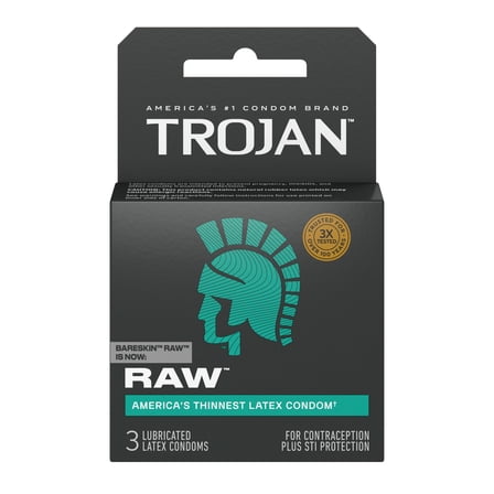 Trojan Raw Thinnest Latex Lubricated Condoms, 3 Count
