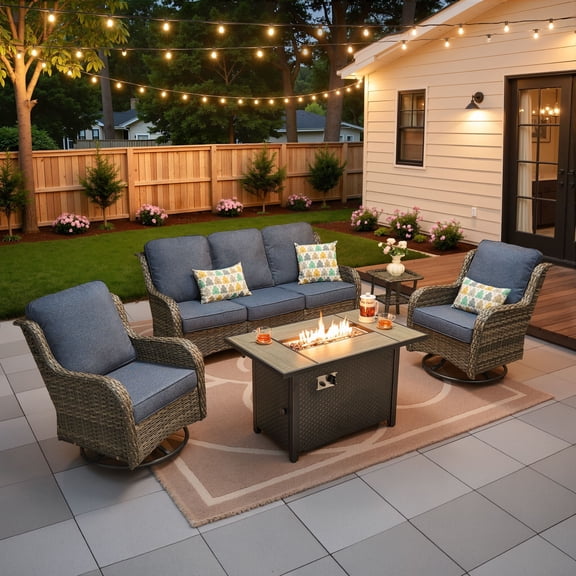 Vcatnet 5 Pieces Outdoor Patio Furniture with Fire Pit Wicker Sectional Sofa High-Back Conversation Set with Swivel Chairs, Denim Blue