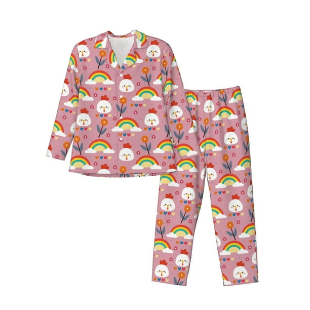 Fotbe Cartoon Chicken Pijama de Hombre con Estampado de Manga Larga, Conjunto de 2 Piezas, Ropa de Dormir Suave y Cómoda con Bolsillos-X-Large