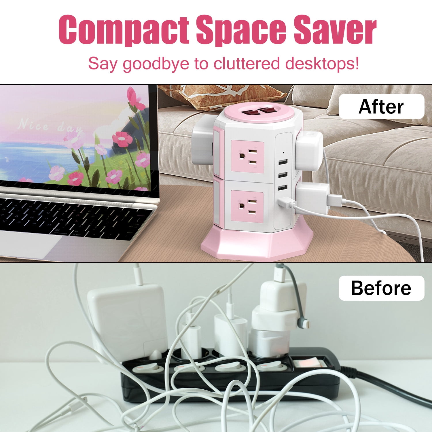HITRENDS power strip with surge protection, 8 AC outlets + 4 USB ports, 16 AWG, 6.5ft power cord (1250 W, 1050 J)