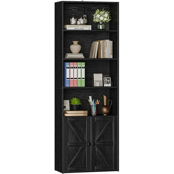Furniwell Industrial Bookshelf and Bookcases with Doors Modern Bookshelf Cabinet Tall Bookshelf Storage for Home Office, Bedroom (Black)