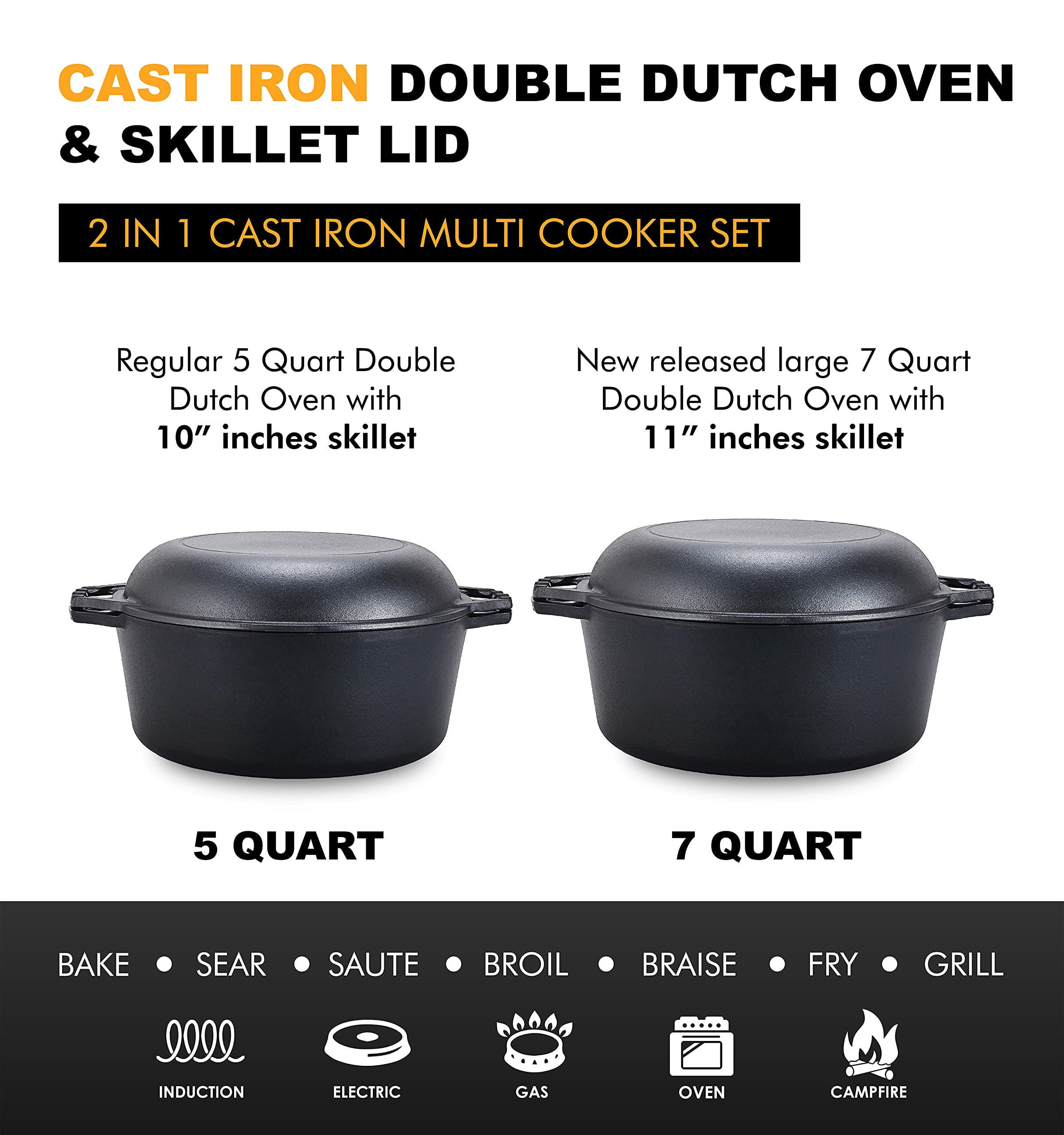 2 In 1 Cast Iron Non-Stick Double Dutch Oven Set And Domed 10 Inch