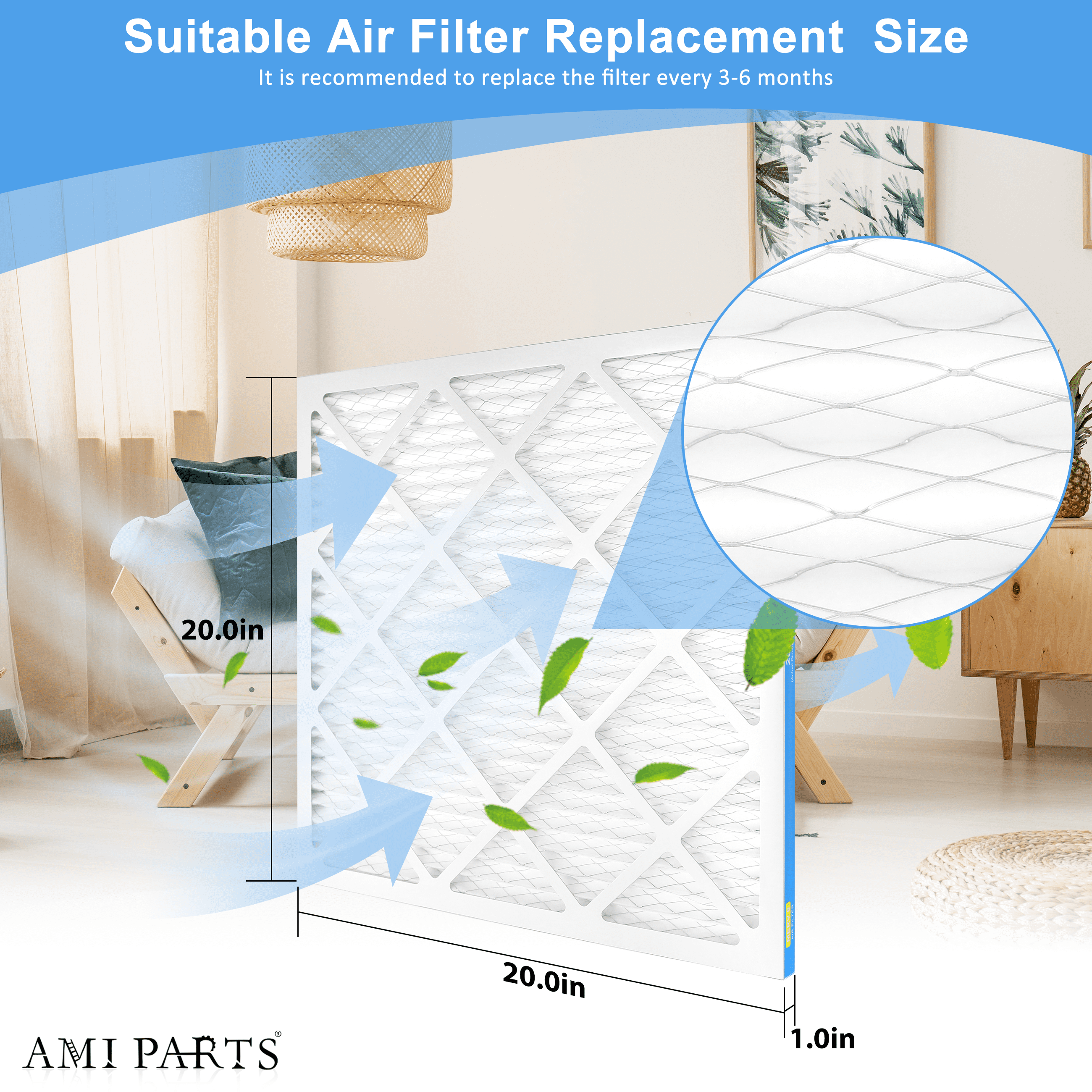 AMI PARTS 20x20x1 Furnace Air Filter MERV8 (MPR 600) Dust Reduction, Pleated HVAC AC Air Filters, 4 Filters