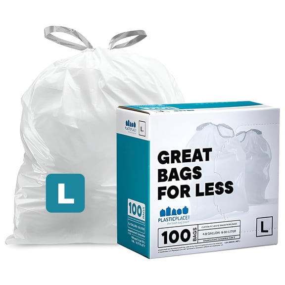 Plasticplace Custom Fit Trash Bags, Compatible with Simplehuman Code L (100 Count) White Drawstring Garbage Bags Liners 4.8 Gallon, 16.75" x 24.5" Unscented Trashbags Heavy Duty Home Essentials Large